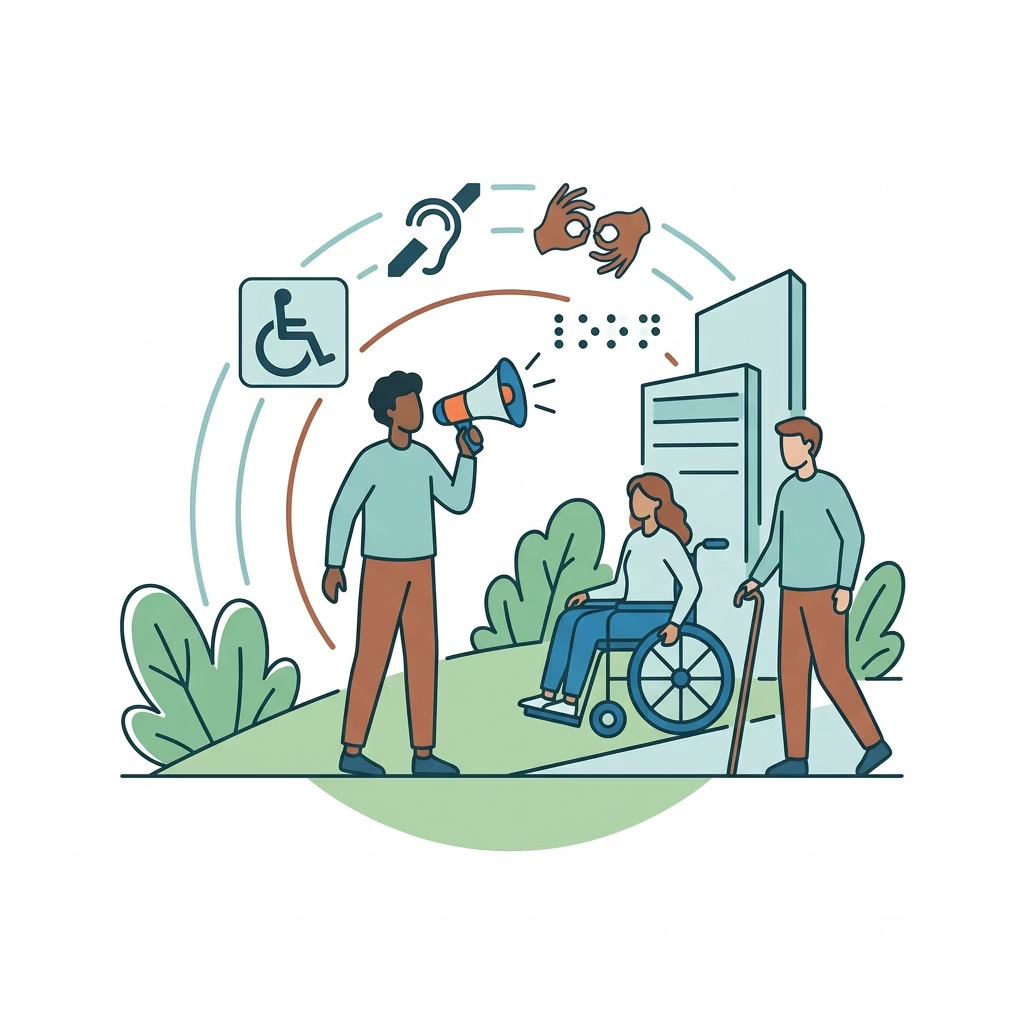 Illustrazione di persone e simboli che richiamano l’accessibilità, la comunicazione e la partecipazione.