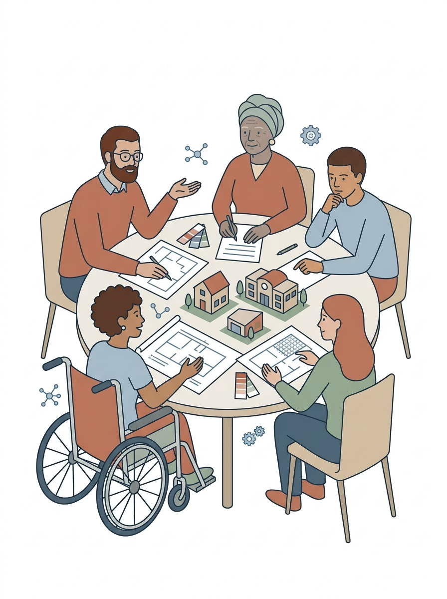 Illustrazione di persone, tra cui una persona in carrozzina, che progettano insieme intorno a un tavolo.