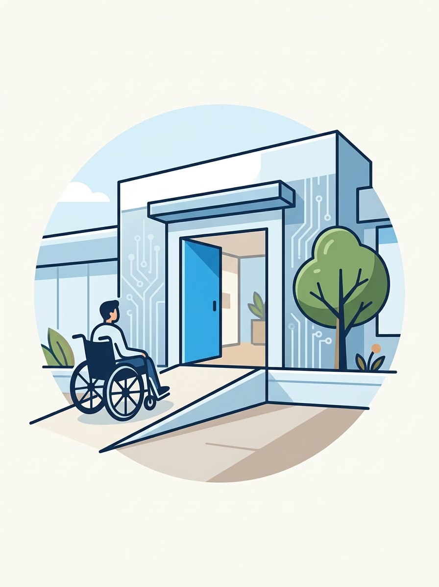 Illustrazione di un ingresso con rampa e una persona in carrozzina.
